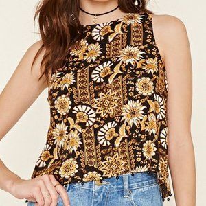 Black & Gold Ornate Print Tulip-Back Crop Top